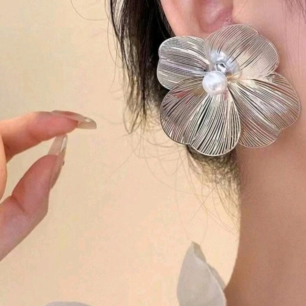 Exaggerated Flower and Pearl Stud Earrings.